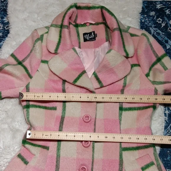 Hell bunny Millicent retro pink & green plaid peacoat womens sz small - Picture 11 of 15